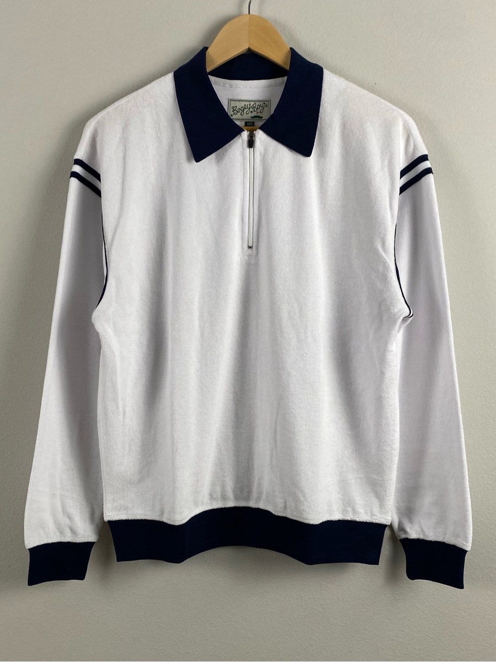 Bogey Boys Terry Cloth Contrast Tipped Quarter Zip Sweater Polo | White/Navy
